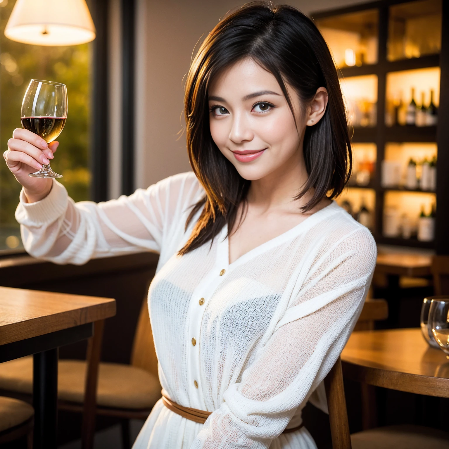 ((Highest quality、8K、masterpiece:1.3))、1 male、1 female、Couple、spouse、石原さとみ似美女Couple、The body is slim、((Bob Hale、Straight hair:1.2)), (Realistic, Intricate details:1.2), テーブルの上のwine glass、Shine light on your face、 Amazing view of the sunset sky and clouds、Amazing mountain views、A bright smile、The wonderfulness of smile、Bright image、The beauty of wine, Beautiful Face, blue eyes, The light shines on your face, Blushing, short hair,Bright Face、45 years old), 39 years old, red wine 、Appetizers、Italian food、Wine bottle、Champagne、sparkling wine、Two beauties、Brown Hair、Shortcuts、Long sleeve shirt、dress、Beautiful woman 1, (slimな顔), (The body is slim), (Brown Hair), (Shortcuts), cheeks turn a little red,Attractive beauty、restaurant, In a prominent place (From the waist up) Nova Frog Style, actress, model, Upper Body, White wine, slim, wine glass, 中央に置かれたwine glass, smile, (smile: 1.15), Beautiful fine grain, Depth f/2,saturation, High Contrast, Strong light and shadow,Moist Body:1.5、3D texture、Delicate eyes、Brown Hair、The hair is very shiny、
