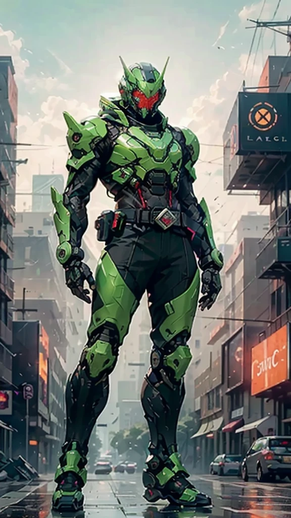 A man wearing a full-face helmet, a fantasy-style biotech armored combat suit, green eyes, (a composite layered chest armor), fully enclosed shoulder guards, matching arm and leg guards, the belt is adorned with exhaust pipes, (the color scheme is primarily black glow with green and red accents), the design balances heavy with agility, a high-tech bio-mecha armor, (Armor Concept Inspired by Cyberpunk motorcycle, stand on the top of a skyscraper in a futuristic sci-fi city), this character embodies a finely crafted fantasy-surreal style armored hero in anime style, exquisite and mature manga art style, (battle damage, element, plasma, energy, the armor glows), ((male:1.5)), metallic, real texture material, dramatic, high definition, best quality, highres, ultra-detailed, ultra-fine painting, extremely delicate, professional, perfect body proportions, golden ratio, anatomically correct, symmetrical face, extremely detailed eyes and face, high quality eyes, creativity, RAW photo, UHD, 32k, Natural light, cinematic lighting, masterpiece-anatomy-perfect, masterpiece:1.5