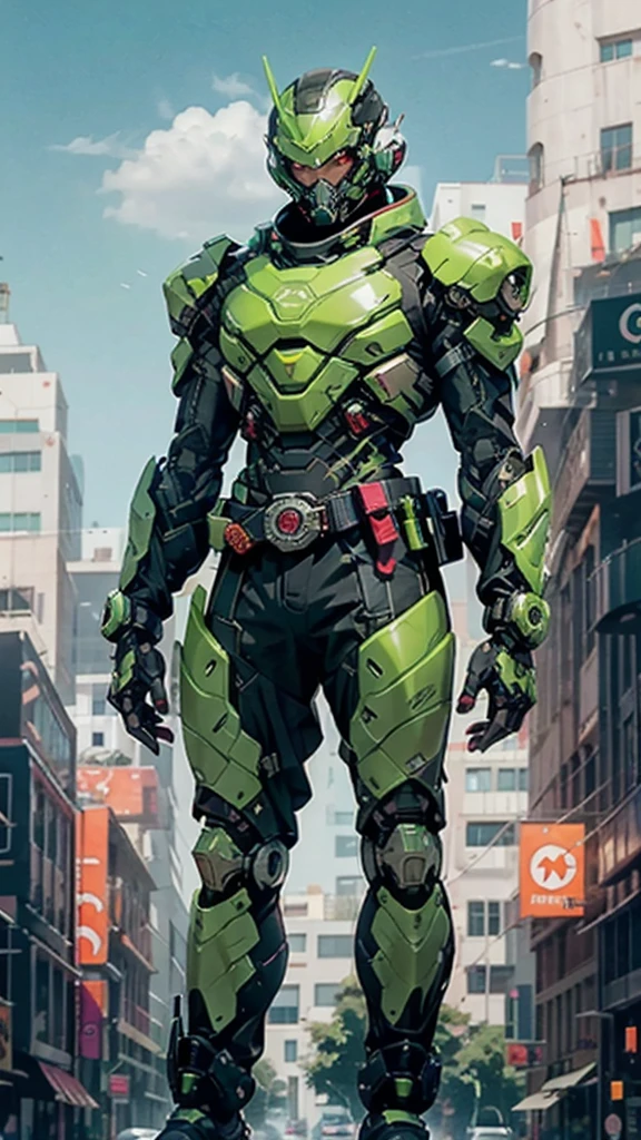 A man wearing a full-face helmet, a fantasy-style biotech armored combat suit, green eyes, (a composite layered chest armor), fully enclosed shoulder guards, matching arm and leg guards, the belt is adorned with exhaust pipes, (the color scheme is primarily black glow with green and red accents), the design balances heavy with agility, a high-tech bio-mecha armor, (Armor Concept Inspired by Cyberpunk motorcycle, stand on the top of a skyscraper in a futuristic sci-fi city), this character embodies a finely crafted fantasy-surreal style armored hero in anime style, exquisite and mature manga art style, (battle damage, element, plasma, energy, the armor glows), ((male:1.5)), metallic, real texture material, dramatic, high definition, best quality, highres, ultra-detailed, ultra-fine painting, extremely delicate, professional, perfect body proportions, golden ratio, anatomically correct, symmetrical face, extremely detailed eyes and face, high quality eyes, creativity, RAW photo, UHD, 32k, Natural light, cinematic lighting, masterpiece-anatomy-perfect, masterpiece:1.5