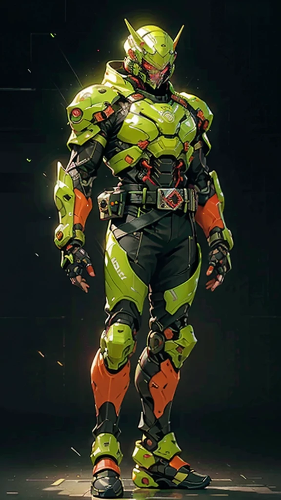 A man wearing a full-face helmet, a fantasy-style biotech armored combat suit, green eyes, (a composite layered chest armor), fully enclosed shoulder guards, matching arm and leg guards, the belt is adorned with exhaust pipes, (the color scheme is primarily black glow with green and red accents), the design balances heavy with agility, a high-tech bio-mecha armor, (Armor Concept Inspired by Cyberpunk motorcycle, stand on the top of a skyscraper in a futuristic sci-fi city), this character embodies a finely crafted fantasy-surreal style armored hero in anime style, exquisite and mature manga art style, (battle damage, element, plasma, energy, the armor glows), ((male:1.5)), metallic, real texture material, dramatic, high definition, best quality, highres, ultra-detailed, ultra-fine painting, extremely delicate, professional, perfect body proportions, golden ratio, anatomically correct, symmetrical face, extremely detailed eyes and face, high quality eyes, creativity, RAW photo, UHD, 32k, Natural light, cinematic lighting, masterpiece-anatomy-perfect, masterpiece:1.5