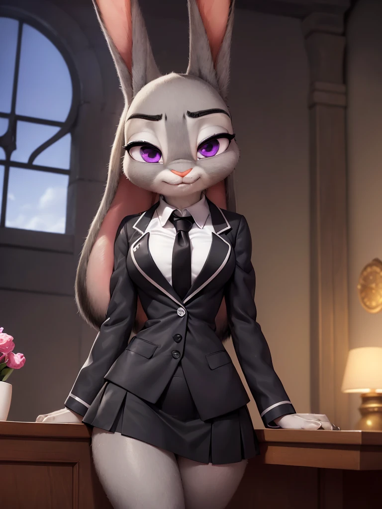 best quality,
masterpiece,
High quality
ultra-detailed
beautiful detailed,
hyper Realistic,
Portrait,
Looking at the audience,
detailed background,
background is an office,

(Face is JudyHopps:1.15),
NamiFinal,
((long straight hair)),
wispy bangs, bangs,
purple eyes,
(arched eyebrows:1.1),
(uplift eyebrows:1.1),
(rabbit ears:1.1),

office lady is wearing suit,
((White blouse)),
((Black blazer jacket)),
((Black skirt)),
clothes made of cotton,

(skin is felt:1.4),
(((body is gray with fluffy and fluffy))),
human hands,

(solo:1.5),
(1 lady:1.5),
one character only
alone,
Perfect Anatomy