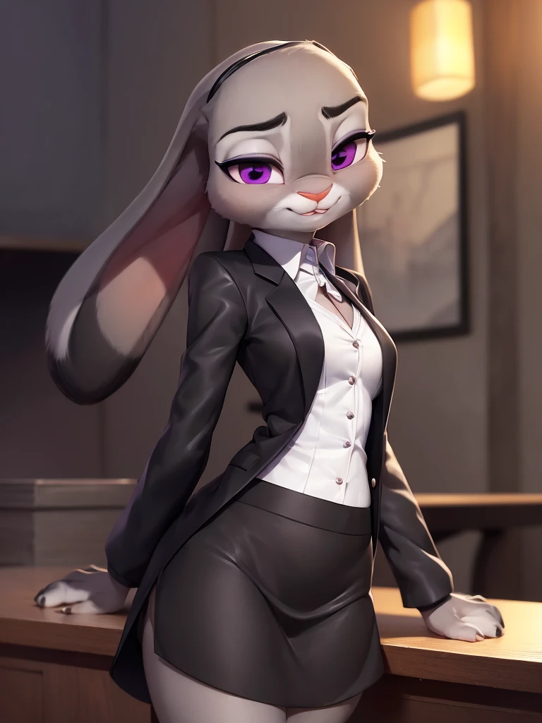 best quality,
masterpiece,
High quality
ultra-detailed
beautiful detailed,
hyper Realistic,
Portrait,
Looking at the audience,
detailed background,
background is an office,
(Face is JudyHopps:1.15),
NamiFinal,
((long straight hair)),
wispy bangs, bangs,
purple eyes,
(arched eyebrows:1.1),
(uplift eyebrows:1.1),
(rabbit ears:1.1),
office lady is wearing suit,
((White blouse)),
((Black blazer jacket)),
((Black skirt)),
clothes made of cotton,
(skin is felt:1.4),
(((body is gray with fluffy and fluffy))),
human hands,
(solo:1.5),
(1 lady:1.5),
one character only
alone,
Perfect Anatomy