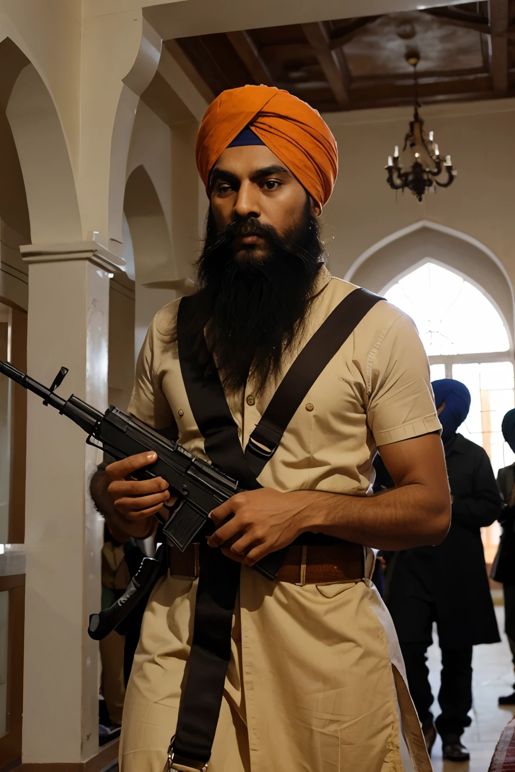Inside a solemn Delhi courtroom, a judge delivers a ruling from the bench, while a Sikh advocate stands respectfully, holding a kirpan with a 6-inch blade and a 3-inch handle. The kirpan is displayed clearly, symbolizing the court's decision. The room is filled with a diverse group of onlookers, including legal professionals and Sikh community members, who observe the proceedings with interest. The atmosphere is one of respect and solemnity, as the judge's decision upholds the balance between religious freedom and legal guidelines, with the kirpan serving as a focal point of the scene