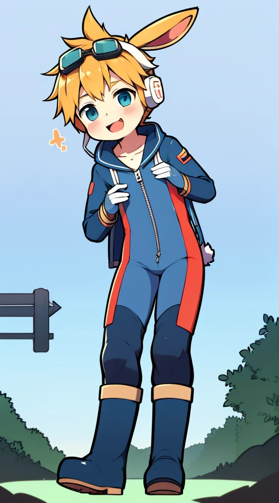 2D Boy Shota，One-piece mountaineering suit，Slim, healthy body，Put the headphones on your head，stand up，goggles，Rabbit ears，happy，Sailor collar，tie，Zipper pulled down，boots