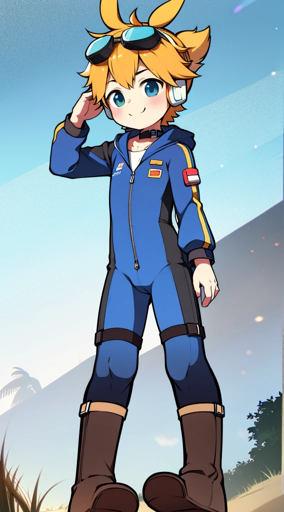 2D Boy Shota,One-piece mountaineering suit,Slim, healthy body,Put the headphones on your head,stand up,goggles,Rabbit ears,happy,Sailor collar,tie,Zipper pulled down,boots