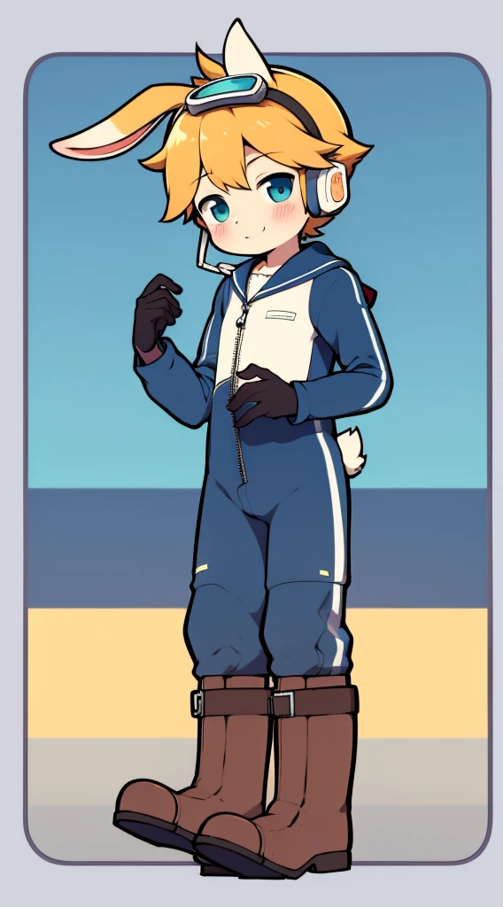 2D Boy Shota,One-piece mountaineering suit,Slim, healthy body,Put the headphones on your head,stand up,goggles,Rabbit ears,happy,Sailor collar,tie,Zipper pulled down,boots
