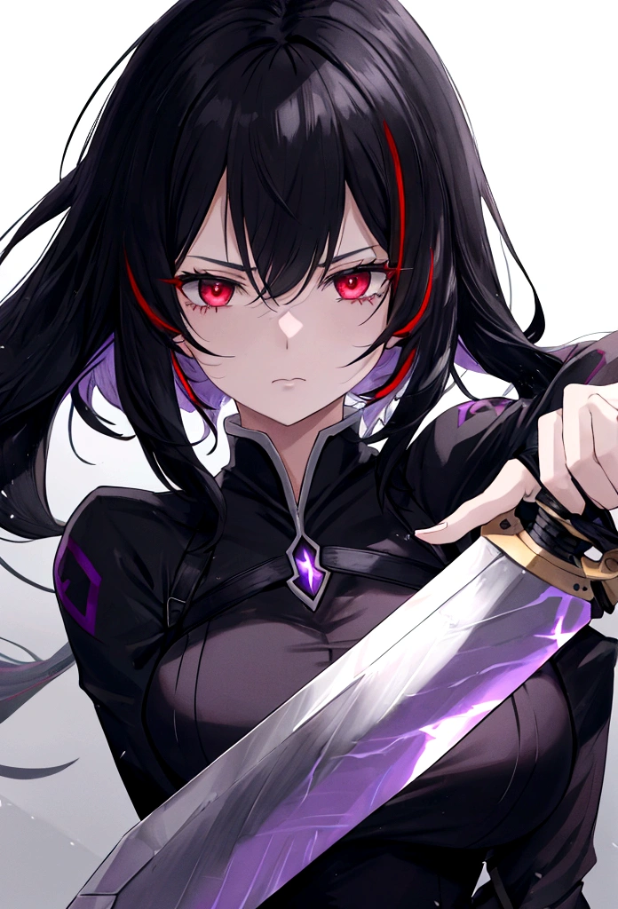 a woman with black hair and white streaks with sad face holding a large purple sword, detailed red eyes, detailed sword, cinematic lightning
