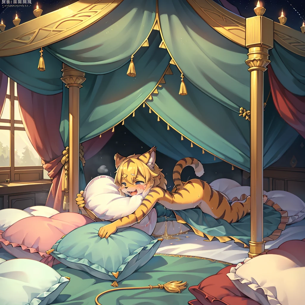 (masterpiece,best quality),my own, The Beast, , (适合任何Pillow背景的光影)), 穿着pajamas可爱女孩在Pillow上摆姿势 ,pajamas,Nature,, (blush),a smile,Pillow头,(很多Pillow),Soft cushion,(canopy bed),Soft pillow quotation,(Pillow损坏),很多Pillow,(Crotch rubbing),((Pillow驼峰)),(Pillow),(A tail),,(粉色Pillow),(Love around the protagonist),Steam,(Pillow头),(),(豪华Pillow),(Pillow),(palace),(Palace bedroom),(Pillow),柔软的Pillow,,(Classical European style bedroom ),(excited,shy person,Lack of expressiveness,),,pillow humping,my,tiger tail,tiger ears,Tiger pattern,,Sweat,,Sweaty,Body swing,身体Shaking lines,Shaking lines,best quality, masterpiece, ((Maximum resolution)), artwork, ,,,(Interior of the palace),(In the bedroom at night),(Deluxe Rococo Canopy King Bed),On a big and spacious bed,(the 女孩 is lying on the bed),Before bedtime,,,Luxurious curtains with ornate ruffles and ribbons surround the bed,((((There are many pillows piled on the bed)))),Detail of Quilt,Detailed bed sheets,Ruffled Bed Skirt,Deep Bed,Background with depth,pajamas , ((((大量的Pillow)))),peeing,squatting,water,Urine,Shaking lines,wetting pillows,Flowing liquid,Violent body shaking,剧烈Shaking lines,详细的软Pillow,,(女孩正躺在许多柔软的Pillow上,周围有许多Pillow),(Pillow上有液体),Sweat,saliva,Splashing urine,Pillow上和床上有水迹,