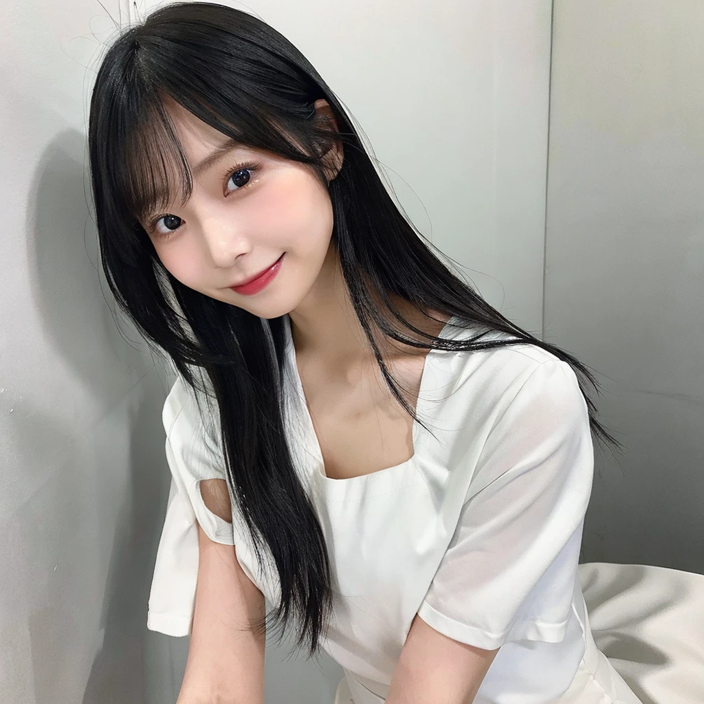whiteroom, 1 person, Japanese woman, model's expression, look at the camera, 28yo, H cup, silver ratio, cute, middle black hair, working in the fashion industry , model, Dimples on both cheeks, Mole on left cheek, smile