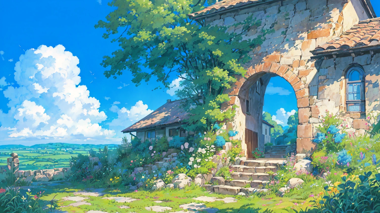 anime painting of a house with a garden and a pathway, anime background art, anime countryside landscape, anime scenery concept art, anime scenery, beautiful anime scenery, painted in anime painter studio, studio ghibli artstyle, scenery artwork, anime background, ghibli studio style, ghibli studio art, beautiful anime scene, background art, anime landscape, ghibli artstyle, anime landscape wallpaper, ghibli style,