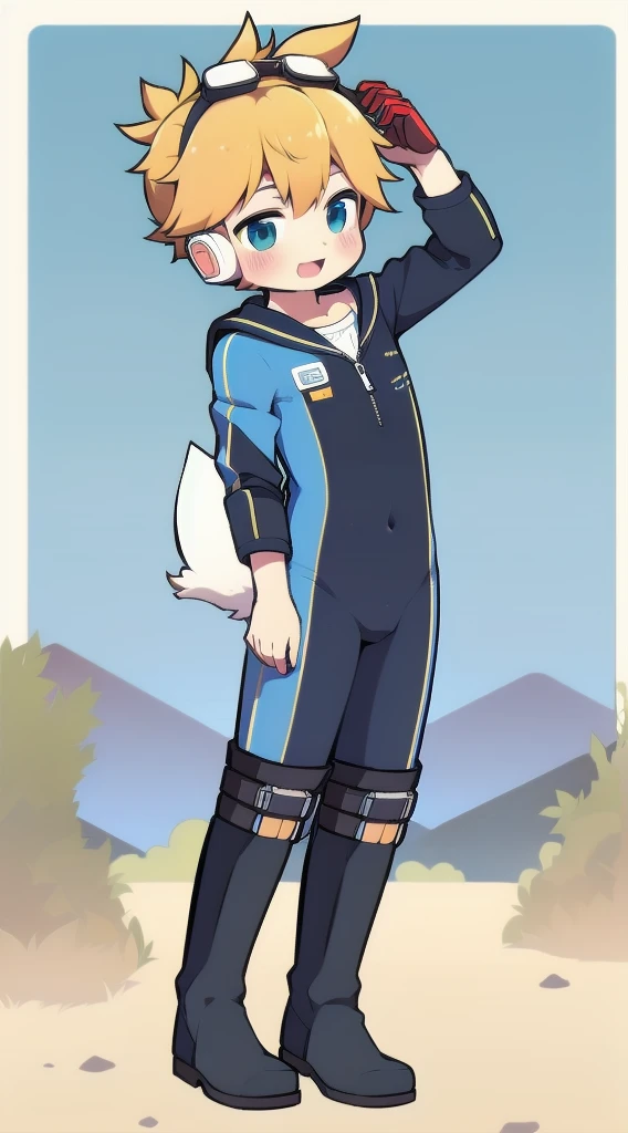 2D Boy Shota，One-piece mountaineering suit，Slim, healthy body，Put the headphones on your head，stand up，goggles，Rabbit ears，happy，Sailor collar，tie，Zipper pulled down，boots