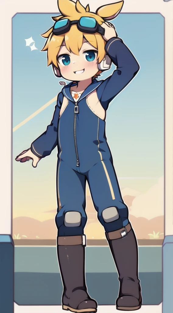 2D Boy Shota,One-piece mountaineering suit,Slim, healthy body,Put the headphones on your head,stand up,goggles,Rabbit ears,happy,Sailor collar,tie,Zipper pulled down,boots