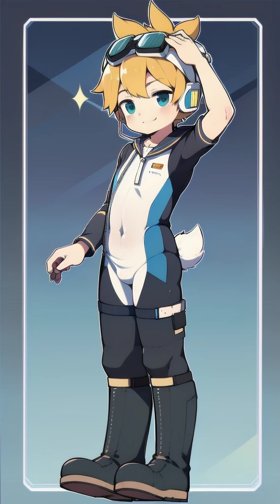 2D Boy Shota,One-piece mountaineering suit,Slim, healthy body,Put the headphones on your head,stand up,goggles,Rabbit ears,happy,Sailor collar,tie,Zipper pulled down,boots