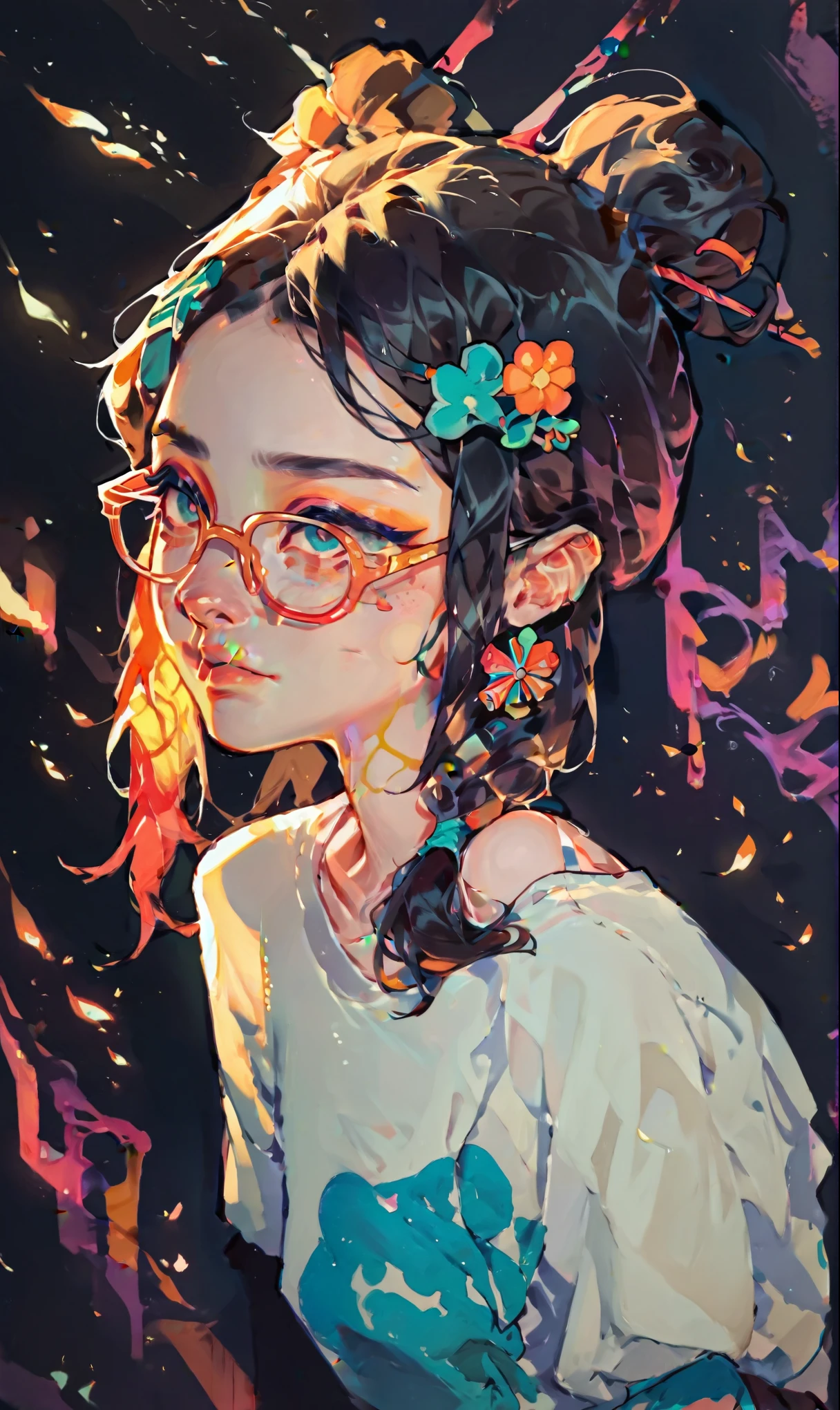 (score_9, score_8_up), score_7_up, score_6_up, score_5_up, score_4_up, 1girl, rim lights, pale skin, pigtail hair, long black hair, hair pin, black background, vibrant, high contrast, painterly, traditional oil paint, white t-shirt with panda face design on it, black shorts, glasses,