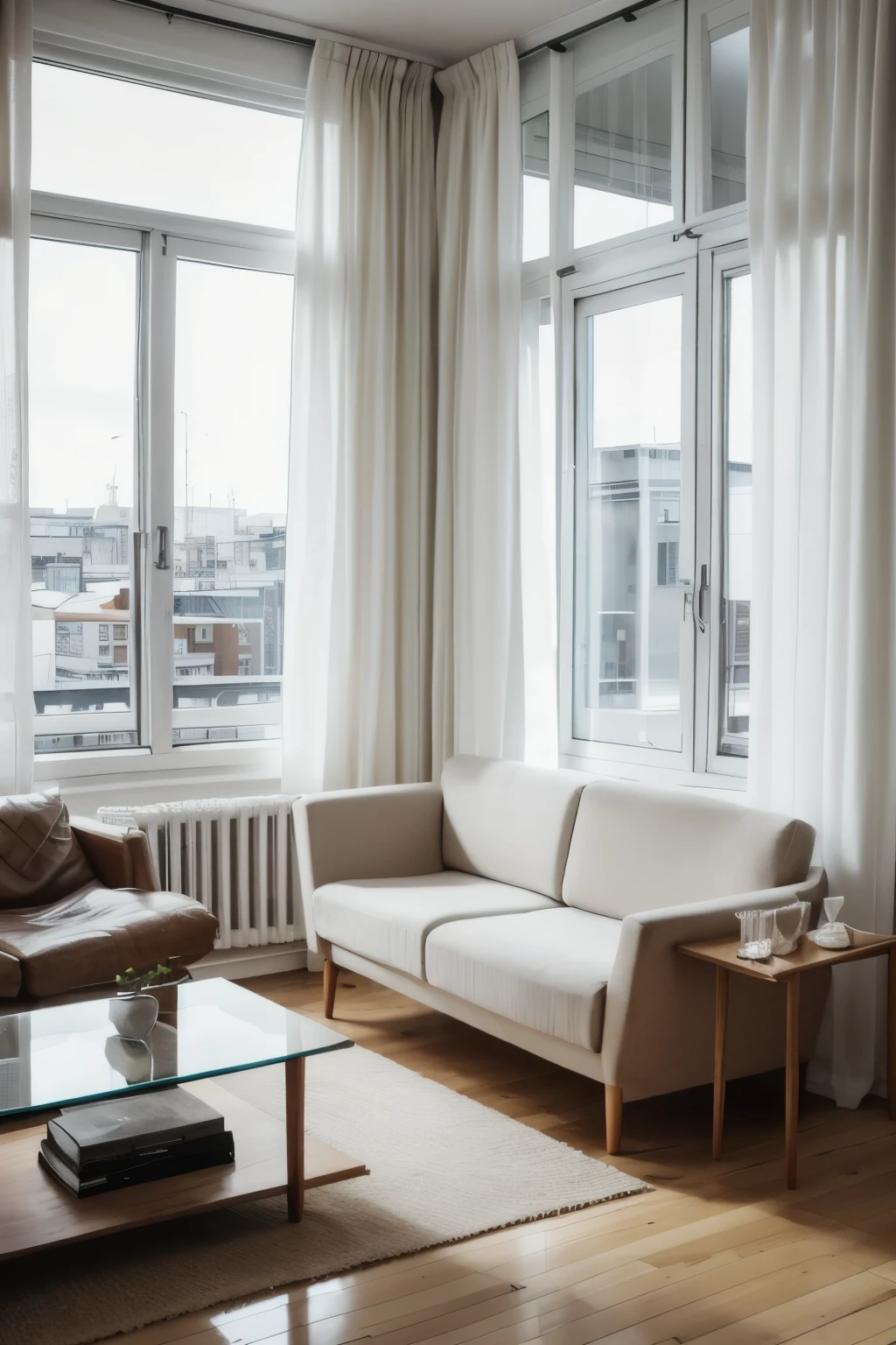 “ scandinavian living room style, pictures,
 couch, small glass window, city view,
 curtains, wooden floor, daylight, best
 quality, super detailed, ultra realistic ”