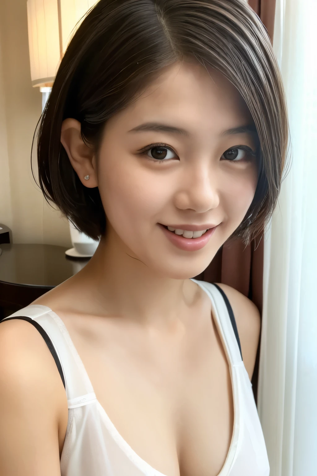 8k, best quality, 1girl, A Japanese young woman, in hotel room, slight smile, a close-up, short hair, crystal clear white skin, detailed eyes, detailed lips, wearing a sexy white negligee,