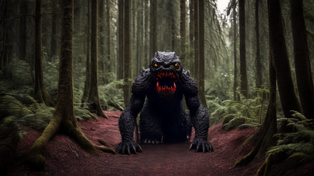 Giant Monsters, lava, evil夢の獣, Wildlife photography, Super detailed, null, Dark atmosphere, Spooky lighting, A menacing presence, Ominous atmosphere,Terrifying monsters, A horrifying sight, evil夢を誘発する, Anxious environment, Scary atmosphere, Vibrant colors, Sharp focus, Scorching Hell, 邪evil, evil, Deep in the forest, Giant creatures, 気味のevilい, Please open your mouth wide, Vivid mouth, Beast's Teeth, Anime Style, Dragon