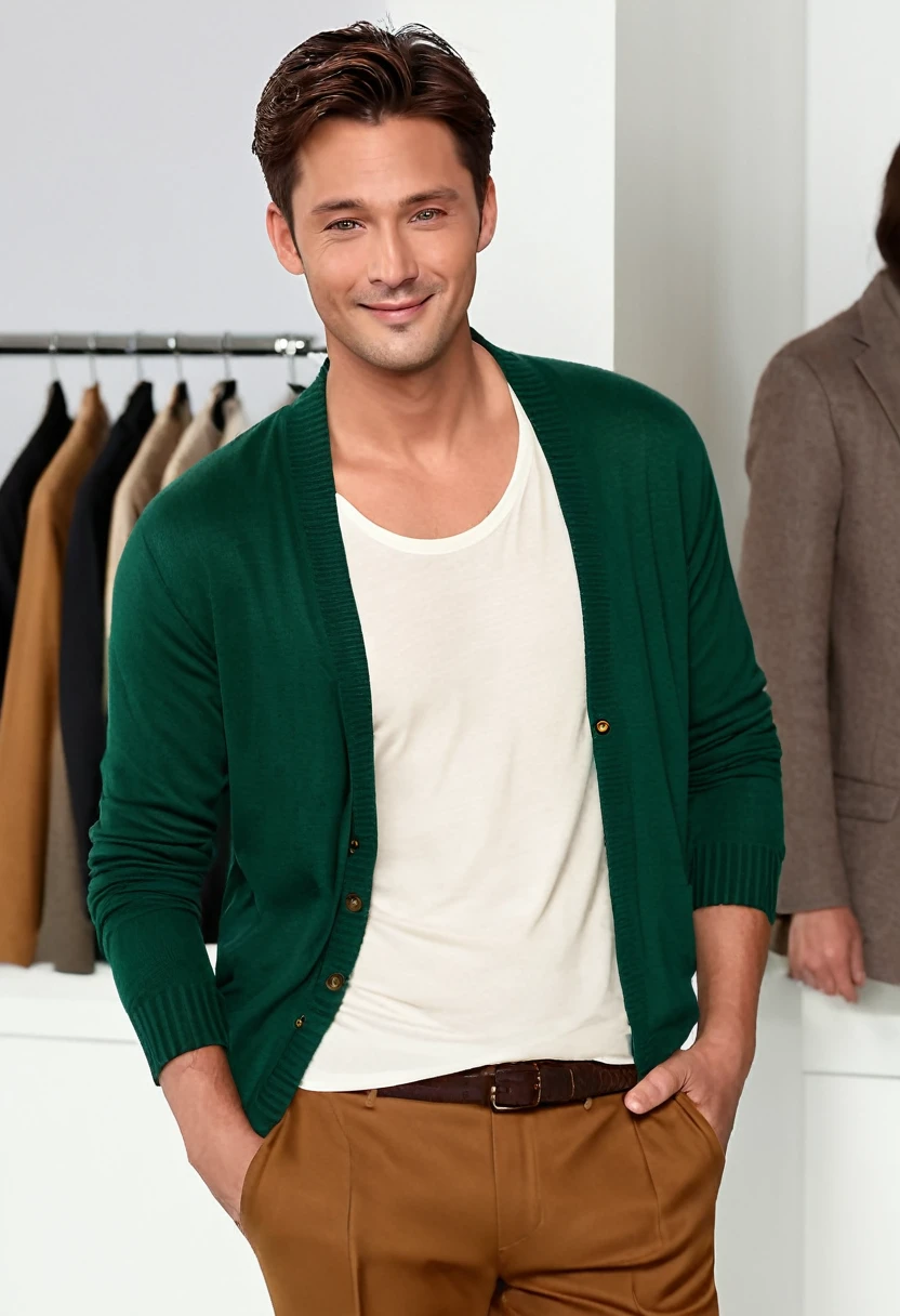 (Highest quality,8K,masterpiece)masterpiece, Highest quality, Realistic, 1 person, Mature Men, A quiet and attractive young man, Age 25, Close ~ eyes, ((A kind smile)), Mouth closed, Highly detailed face, a bit far, ((Dark green eyes)), ((Short brown hair swept to the side)), [Thick eyebrows], (Caramel cardigan and brown pants), (Waiting in front of the store),Erotic、suit
