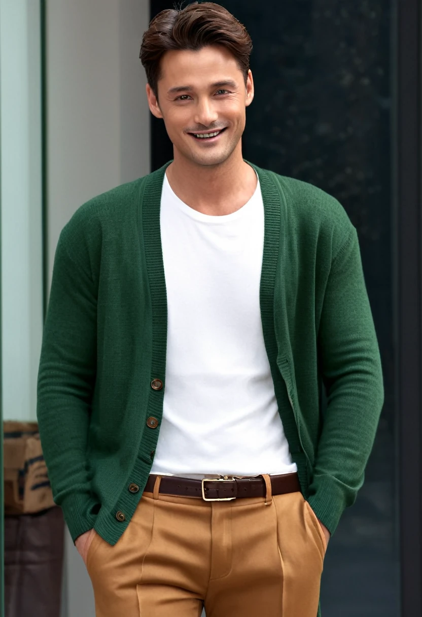 (Highest quality,8K,masterpiece)masterpiece, Highest quality, Realistic, 1 person, Mature Men, A quiet and attractive young man, Age 25, Close ~ eyes, ((A kind smile)), Mouth closed, Highly detailed face, a bit far, ((Dark green eyes)), ((Short brown hair swept to the side)), [Thick eyebrows], (Caramel cardigan and brown pants), (Waiting in front of the store),Erotic、suit
