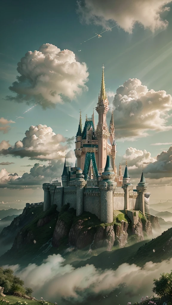 Epic CG matte painting, wide view, pale green clouds, Disney castle, garden full of flowers on the clouds, a few drops of water falling from the clouds, a sea of pale green roses, HD images, Unreal Engine, ArtStation 4k HD trend