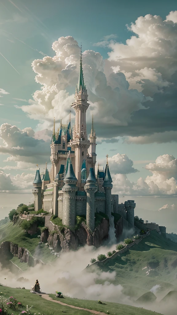Epic CG matte painting, wide view, pale green clouds, Disney castle, garden full of flowers on the clouds, a few drops of water falling from the clouds, a sea of pale green roses, HD images, Unreal Engine, ArtStation 4k HD trend  