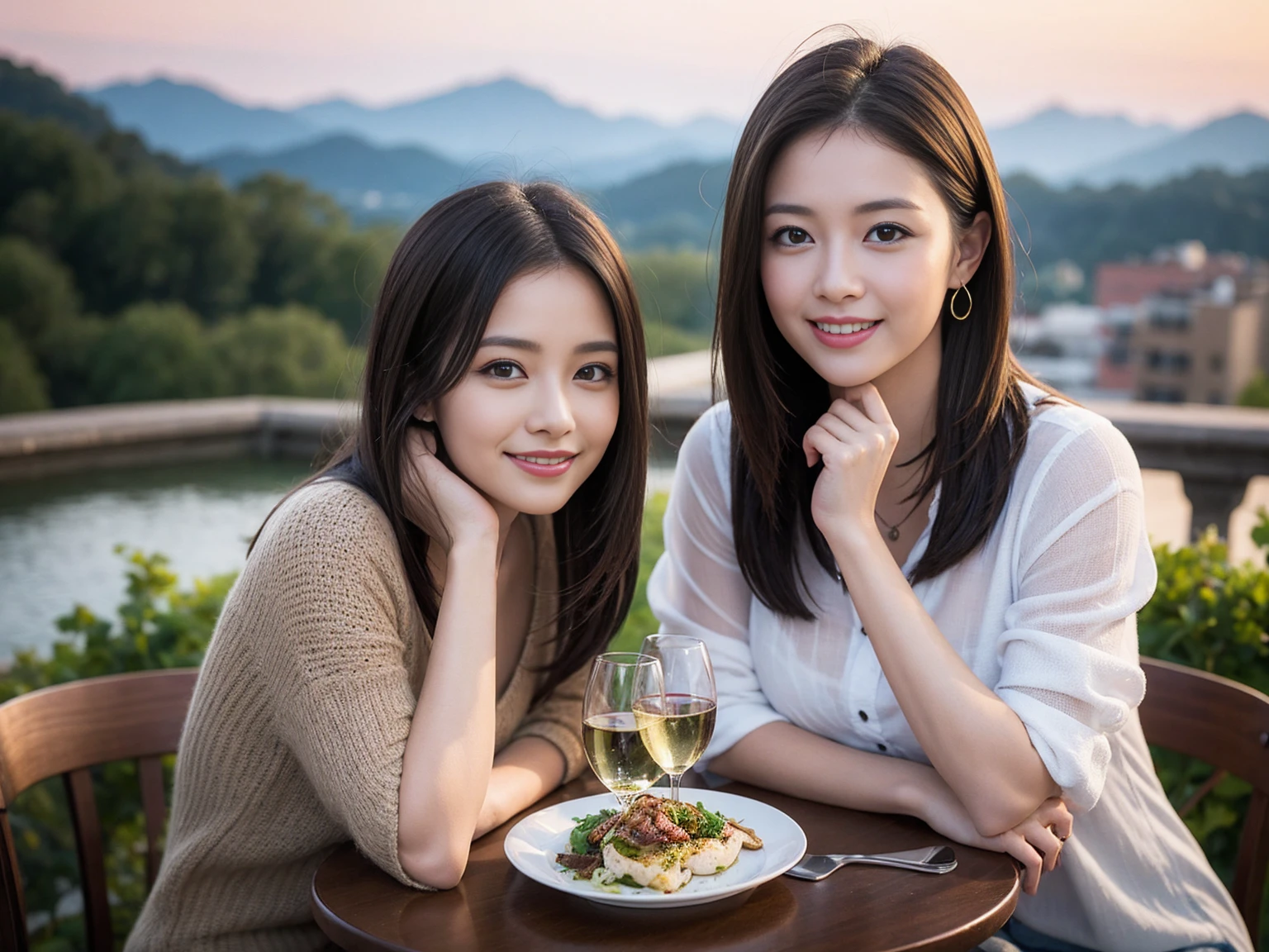 ((Highest quality、8K、masterpiece:1.3))、1 male、1 woman who resembles Satomi Ishihara、Couple、spouse、Couple、The body is slim、((Bob Hale、Straight hair:1.2)), (Realistic, Intricate details:1.2), テーブルの上のwine glass、Put the light on your face、 Amazing view of the sunset sky and clouds、Amazing mountain views、A bright smile、The wonderfulness of smile、Bright image、The beauty of wine, Beautiful Face, blue eyes, The light shines on your face, Blushing, short hair,Bright Face、 (42 years old), 39 years old, red wine 、Appetizers、Italian food、Wine bottle、Champagne、sparkling wine、Two beauties、Brown Hair、Shortcuts、Long sleeve shirt、dress、Beautiful woman 1, (slimな顔), (The body is slim), (Brown Hair), (Shortcuts), cheeks turn a little red,Attractive beauty、restaurant, In a prominent place (From the waist up) Nova Frog Style, actress, model, Upper Body, White wine, slim, wine glass, 中央に置かれたwine glass, smile, (smile: 1.15), Beautiful fine grain, Depth f/2,saturation, High Contrast, Strong light and shadow,Moist Body:1.5、3D texture、Delicate eyes、Brown Hair、The hair is very shiny、