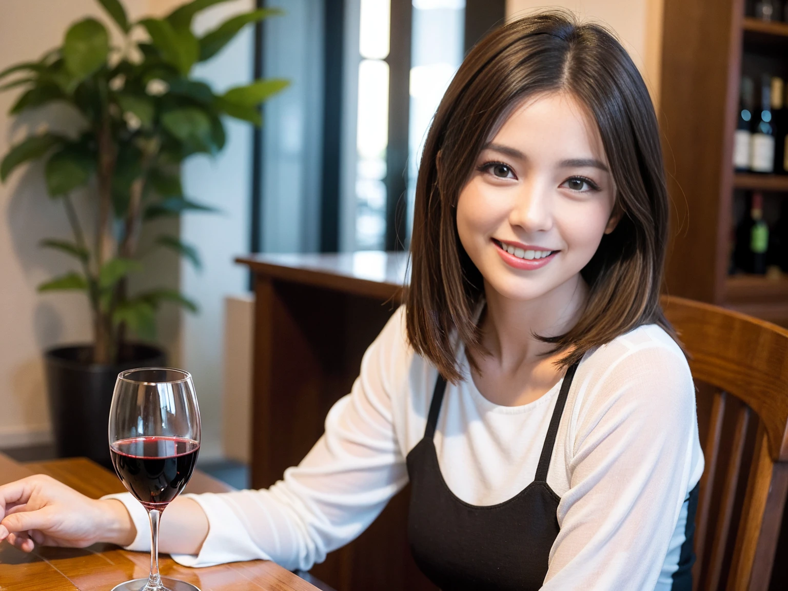 ((Highest quality、8K、masterpiece:1.3))、1 male、1 woman who resembles Satomi Ishihara、Couple、spouse、Couple、The body is slim、((Bob Hale、Straight hair:1.2)), (Realistic, Intricate details:1.2), テーブルの上のwine glass、Put the light on your face、 Amazing view of the sunset sky and clouds、Amazing mountain views、A bright smile、The wonderfulness of smile、Bright image、The beauty of wine, Beautiful Face, blue eyes, The light shines on your face, Blushing, short hair,Bright Face、 (42 years old), 39 years old, red wine 、Appetizers、Italian food、Wine bottle、Champagne、sparkling wine、Two beauties、Brown Hair、Shortcuts、Long sleeve shirt、dress、Beautiful woman 1, (slimな顔), (The body is slim), (Brown Hair), (Shortcuts), cheeks turn a little red,Attractive beauty、restaurant, In a prominent place (From the waist up) Nova Frog Style, actress, model, Upper Body, White wine, slim, wine glass, 中央に置かれたwine glass, smile, (smile: 1.15), Beautiful fine grain, Depth f/2,saturation, High Contrast, Strong light and shadow,Moist Body:1.5、3D texture、Delicate eyes、Brown Hair、The hair is very shiny、