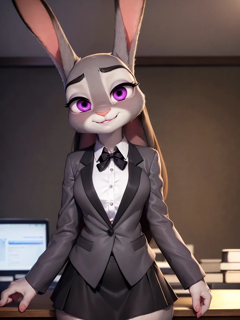 best quality,
masterpiece,
High quality
ultra-detailed
beautiful detailed,
hyper Realistic,
Portrait,
Looking at the audience,
detailed background,
background is an office,

(Face is JudyHopps:1.15),
NamiFinal,
((long straight hair)),
wispy bangs, bangs,
purple eyes,
(arched eyebrows:1.1),
(uplift eyebrows:1.1),
(rabbit ears:1.1),

office lady is wearing suit,
((White blouse)),
((Black blazer jacket)),
((Black skirt)),
clothes made of cotton,

(skin is felt:1.4),
(((body is gray with fluffy and fluffy))),
human hands,

(solo:1.5),
(1 lady:1.5),
one character only
alone,
Perfect Anatomy