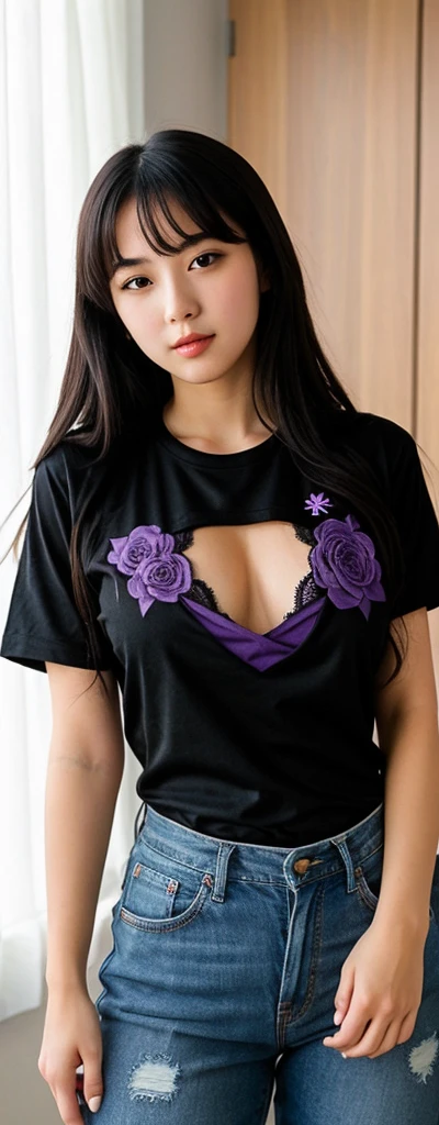 ((Best Quality)), ((Masterpiece)), (detailed), 1 girl, anime, sexy, dressed in black with purple, let your shirt say "tow", showing a little chest