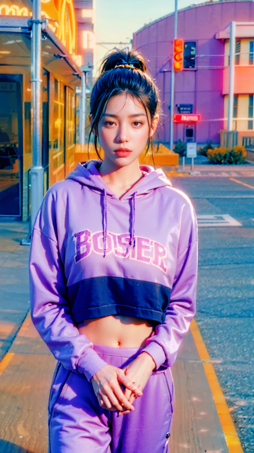 8K, 1girl, beautiful, black bob hairstlye, ((wear orange oversized_hoodie)),((purple sweatpants)), Evening light,Bridgeside,Taking a walk,(purple slacks), look at viewer, (((80's architecture colorful motel))) ,perfect beautiful face,perfect nose,perfect eyes, perfect lips kodak gold 200 fisheye-8mmlens-v2exp ,25 yo cute korean, ((busty perfect body)) perfect face, 35mm film,palm trees, blue sky, sunny summer, los angles vibes (photorealistic:1.2), (ultra realistic:1.3), (very detailed:1.1), ((masterpiece)),