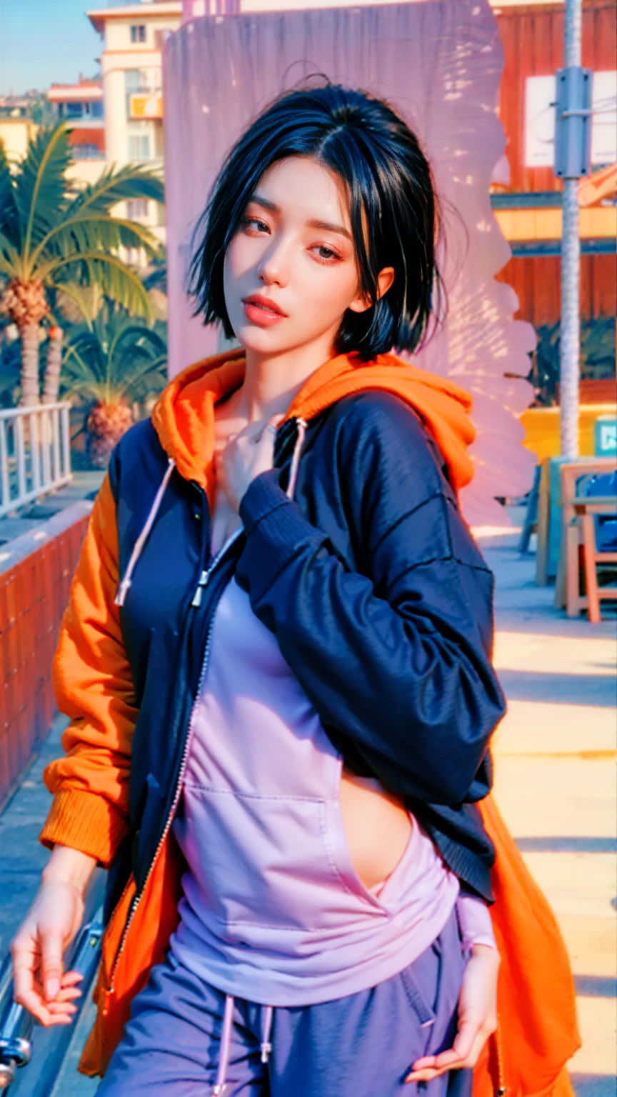 8K, 1girl, beautiful, black bob hairstlye, ((wear orange oversized_hoodie)),((purple sweatpants)), Evening light，Bridgeside，Taking a walk，(purple slacks), look at viewer, (((80's architecture colorful motel))) ,perfect beautiful face,perfect nose,perfect eyes, perfect lips kodak gold 200 fisheye-8mmlens-v2exp ,25 yo cute korean, ((busty perfect body)) perfect face, 35mm film,palm trees, blue sky, sunny summer, los angles vibes (photorealistic:1.2), (ultra realistic:1.3), (very detailed:1.1), ((masterpiece)),