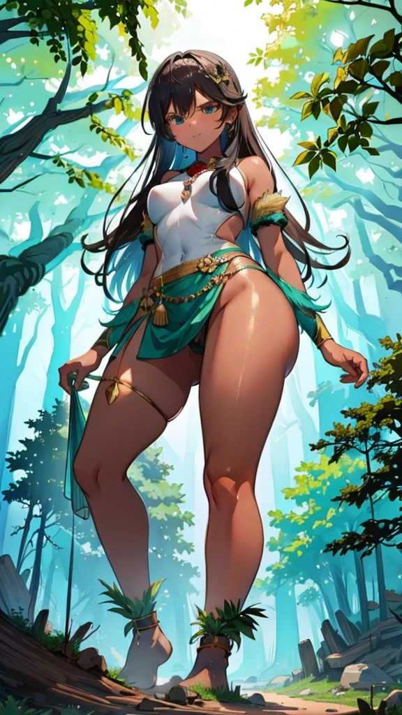 In a forest of large trees there is an even larger Amazonian giantess, with brown skin, black hair, thin, with clothes of the forest, and with very long legs, she is looking for small human invaders of the forest to destroy them so that they do not disturb the peace of the forest. Giantess, goddess, hot, black skin, tall legs, sexy, tiny people, tiny humans, crush, forest, trees, standing, group of small people, slim body, angry, gore