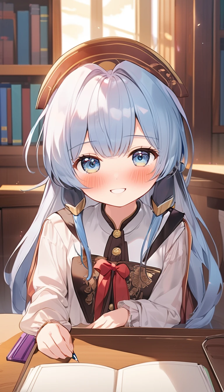 masterpiece, best quality, extremely detailed, (illustration, official art:1.1), 1 girl ,(((( light blue long hair)))), ,(((( light blue long hair)))),light blue hair, , long hair ((blush)) , cute face, big eyes, masterpiece, best quality,(((((a very delicate and beautiful girl))))),Amazing,beautiful detailed eyes,blunt bangs((((little delicate girl)))),tareme(true beautiful:1.2), sense of depth,dynamic angle,,,, affectionate smile, (true beautiful:1.2),,(tiny 1girl model:1.2),)(flat chest), 1girl, (masterpiece, best quality, ultra detailed, 4K:1.5), ultra-detailed background, 1 girl, 1 man, from above, focus upper body, (((headpat))), BREAK kleedef, kleernd, cute face, smile,  very happy, sitting, studying at a desk, BREAK in the library, {Illustration}, {{Very delicate and beautiful}}, Classroom (school desk), (textbook, notebook, mechanical pencil, Pencil case) 1 girl (small build, short limbs, , in front of desk), round face,textbook、(((Concept_Headpat)))
