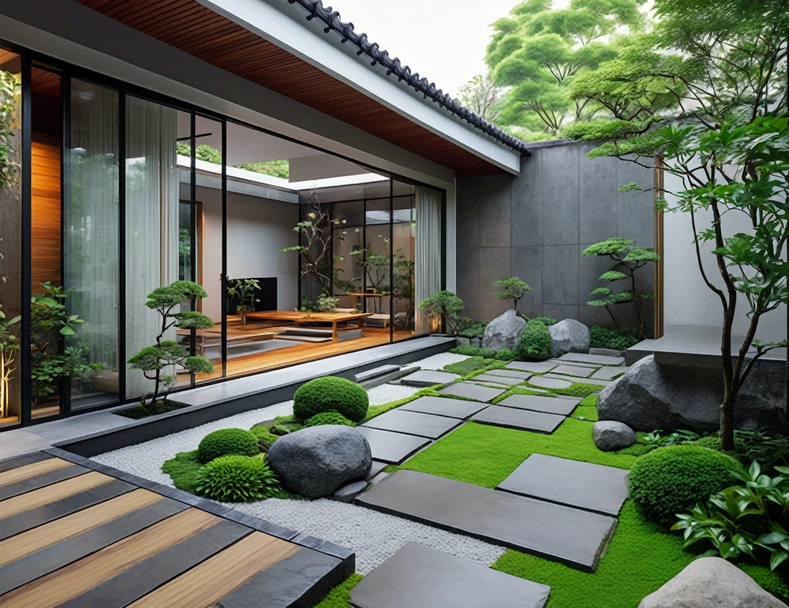 a close up of a garden with a stone path and a stone bench, beautiful aesthetic design, outdoor design, dense with greenery, garden at home, zen garden, exterior design, home and garden, beautiful design, japanese house, vibrant greenery outside, in style of ultra realistic, sharp and detailed, with a garden, beautifully detailed render, vivid and detailed