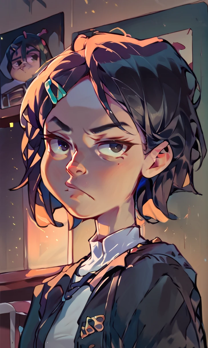 (score_9, score_8_up), score_7_up, score_6_up, score_5_up, score_4_up, Zenko, 1girl, black hair, rim lighting, half-length portrait, hair ornament, hairclip, black eyes, short hair, black leather jacket, white dress, standing, hands behind back, looking away, pout, white socks, black footwear, cheeks, pout, indoors, bedroom, close-up xaxaxa