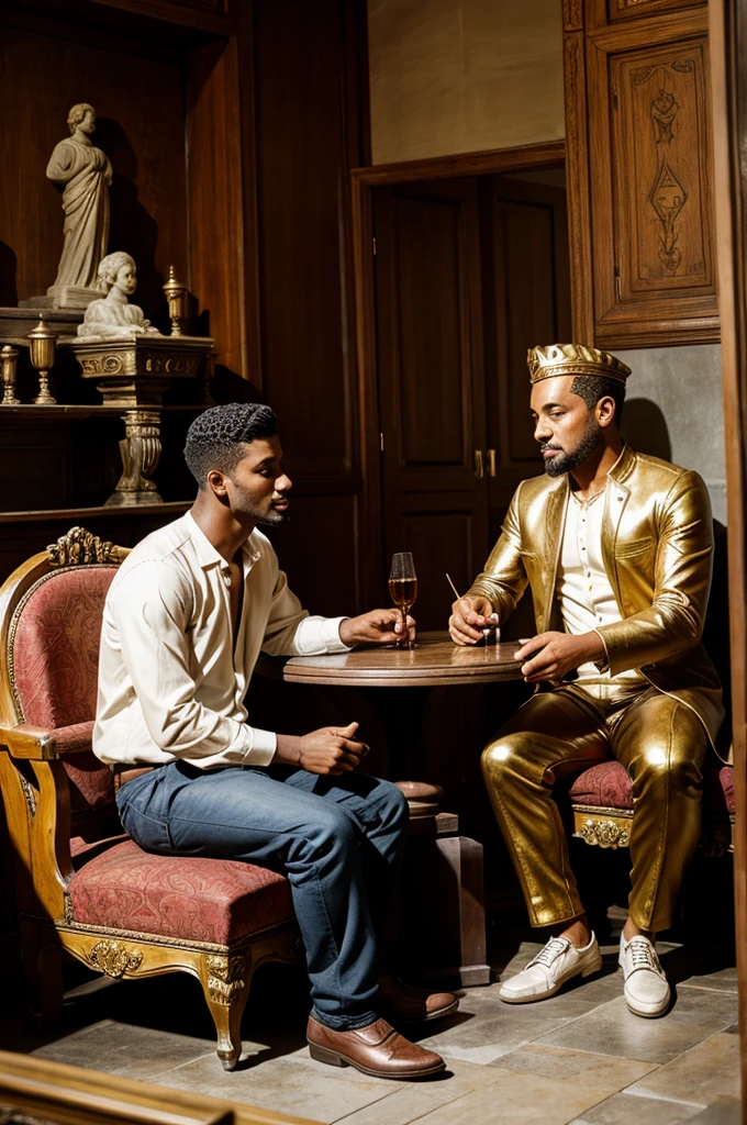 Two men are sat and talking with each other in a house of statues