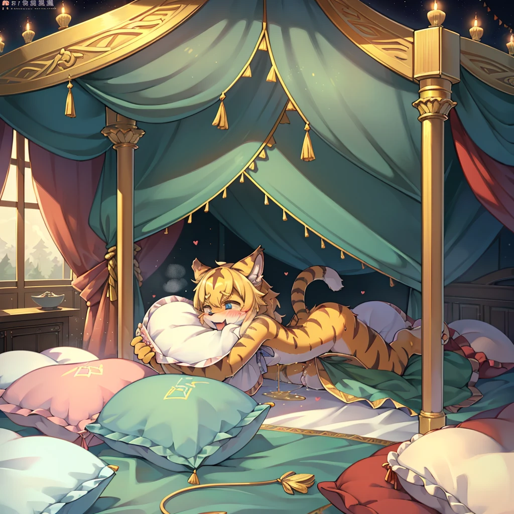 (masterpiece,best quality),my own, The Beast, , (适合任何Pillow背景的光影)), 穿着pajamas可爱女孩在Pillow上摆姿势 ,pajamas,Nature,, (blush),a smile,Pillow头,(很多Pillow),Soft cushion,(canopy bed),Soft pillow quotation,(Pillow损坏),很多Pillow,(Crotch rubbing),((Pillow驼峰)),(Pillow),(A tail),,(粉色Pillow),(Love around the protagonist),Steam,(Pillow头),(),(豪华Pillow),(Pillow),(palace),(Palace bedroom),(Pillow),柔软的Pillow,,(Classical European style bedroom ),(excited,shy person,Lack of expressiveness,),,pillow humping,my,tiger tail,tiger ears,Tiger pattern,,Sweat,,Sweaty,Body swing,身体Shaking lines,Shaking lines,best quality, masterpiece, ((Maximum resolution)), artwork, ,,,(Interior of the palace),(In the bedroom at night),(Deluxe Rococo Canopy King Bed),On a big and spacious bed,(the 女孩 is lying on the bed),Before bedtime,,,Luxurious curtains with ornate ruffles and ribbons surround the bed,((((There are many pillows piled on the bed)))),Detail of Quilt,Detailed bed sheets,Ruffled Bed Skirt,Deep Bed,Background with depth,pajamas , ((((大量的Pillow)))),peeing,squatting,water,Urine,Shaking lines,wetting pillows,Flowing liquid,Violent body shaking,剧烈Shaking lines,详细的软Pillow,,(女孩正躺在许多柔软的Pillow上,周围有许多Pillow),(Pillow上有液体),Sweat,saliva,Splashing urine,Pillow上和床上有水迹,