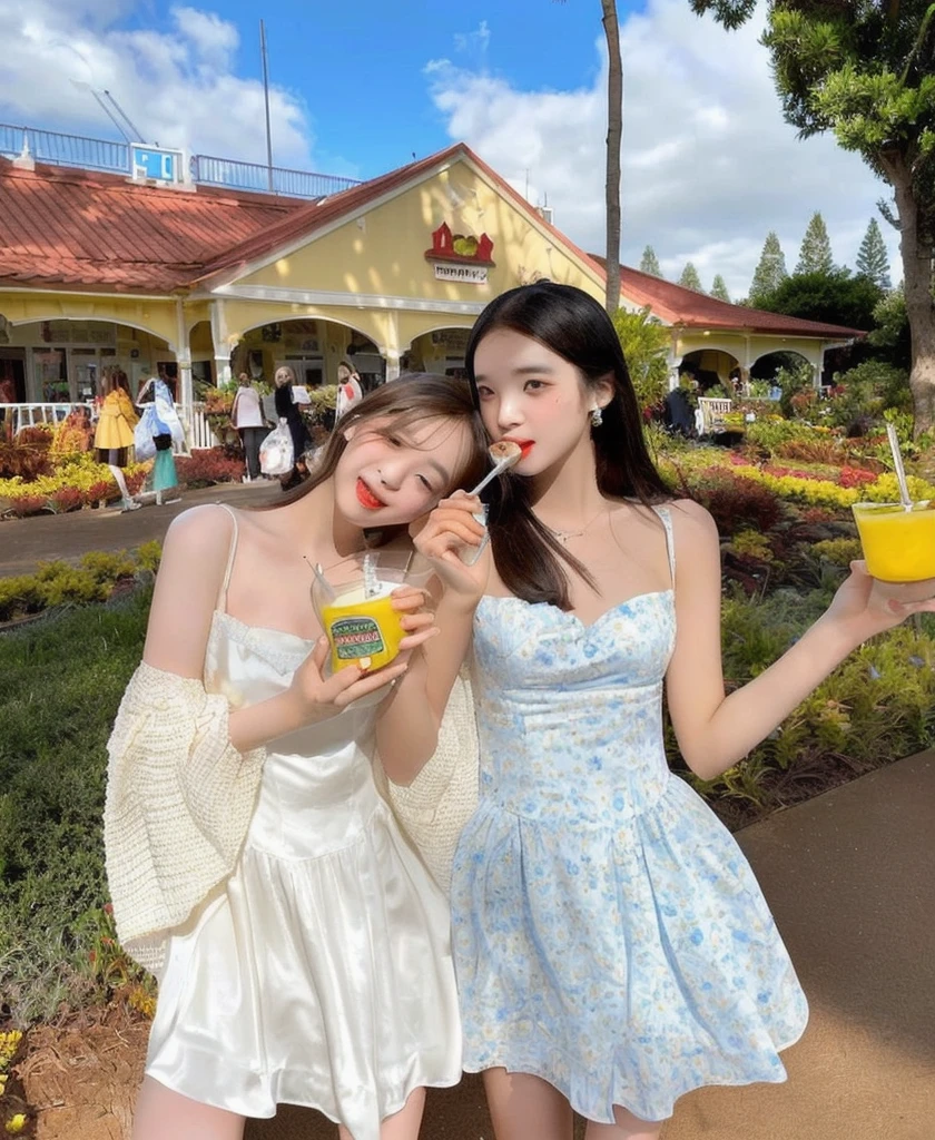 Two women in dresses eating and drinking from cups, Ulzzang, two models in the frame, Shashi, Trending on cgstation, Cute pose, Beldelfinn, 🐿🍸🍋, nixeu and sakimichan, 💣 💥, Two Girls, David Diao, Topaz and Aya Takano, Childhood atmosphere