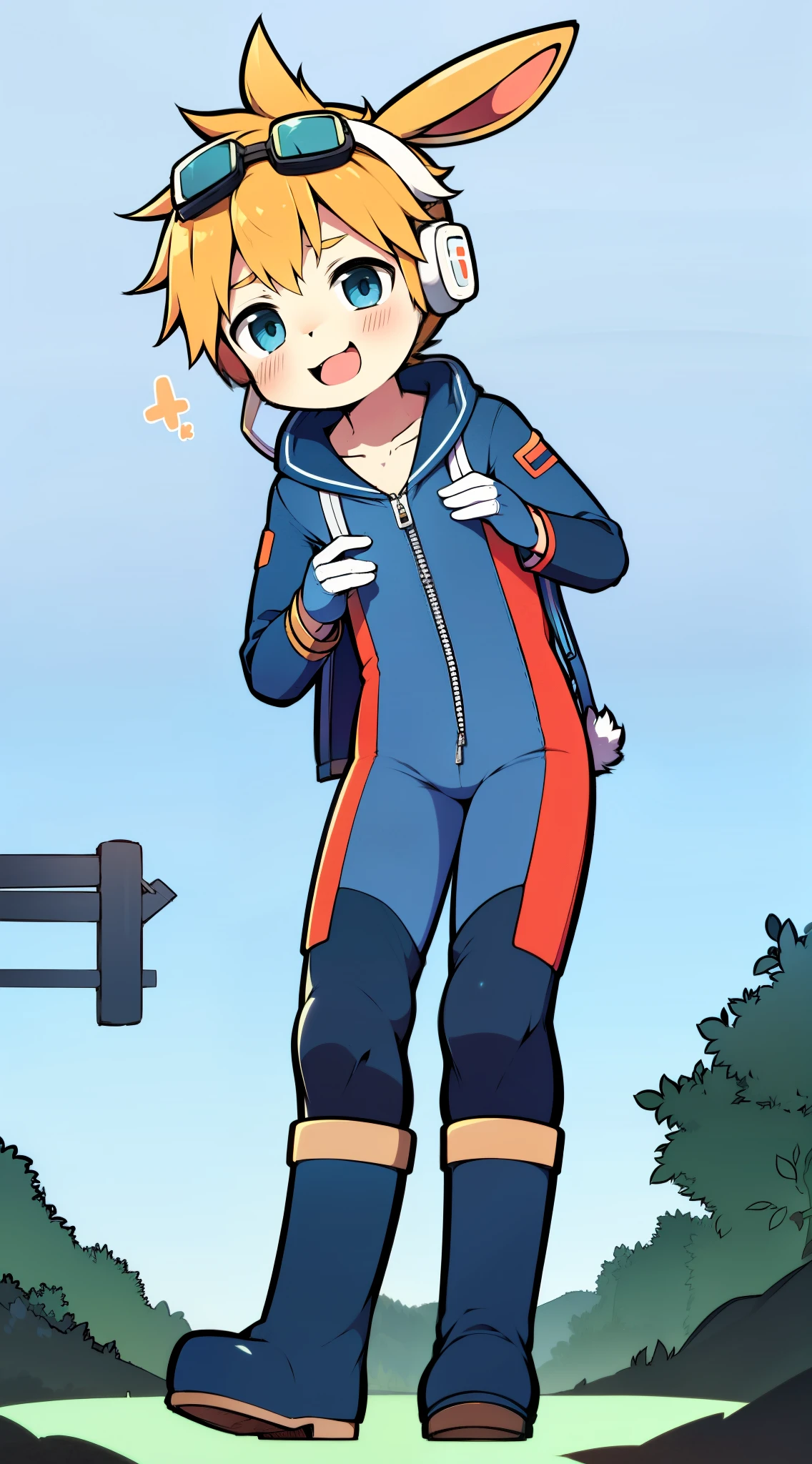 2D Boy Shota，One-piece mountaineering suit，Slim, healthy body，Put the headphones on your head，stand up，goggles，Rabbit ears，happy，Sailor collar，tie，Zipper pulled down，boots