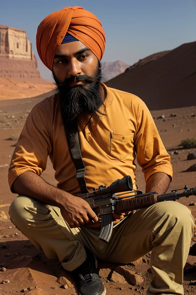 Make a sikh boy with ak47 gun on planet mars