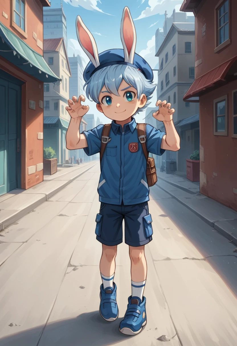 Score_9, score_8_up, score_7_up, rating_safe, Cute young naked boy, luca,blue hair, blue eyes, rabbit ears,rabbit boy,　cute face, very smail, light smile,  grinning evily，Boy student，short detailed hair，Shota，solo person，Wear a red and blue beret，punky style，Black stroke，solo person，Fluttering feathers，The city of the future，nigth，Contre-Jour,  ((full view body)), claw pose,