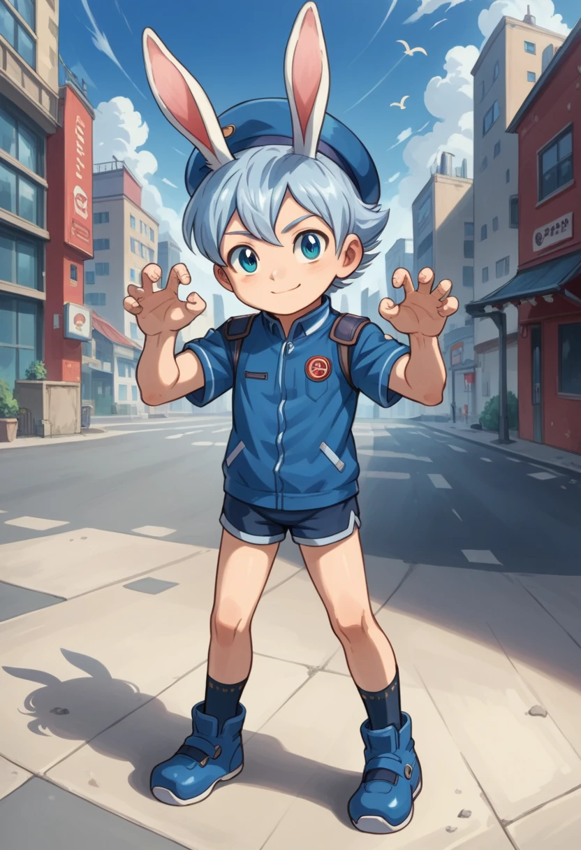 Score_9, score_8_up, score_7_up, rating_safe, Cute young naked boy, luca,blue hair, blue eyes, rabbit ears,rabbit boy,　cute face, very smail, light smile,  grinning evily，Boy student，short detailed hair，Shota，solo person，Wear a red and blue beret，punky style，Black stroke，solo person，Fluttering feathers，The city of the future，nigth，Contre-Jour,  ((full view body)), claw pose,