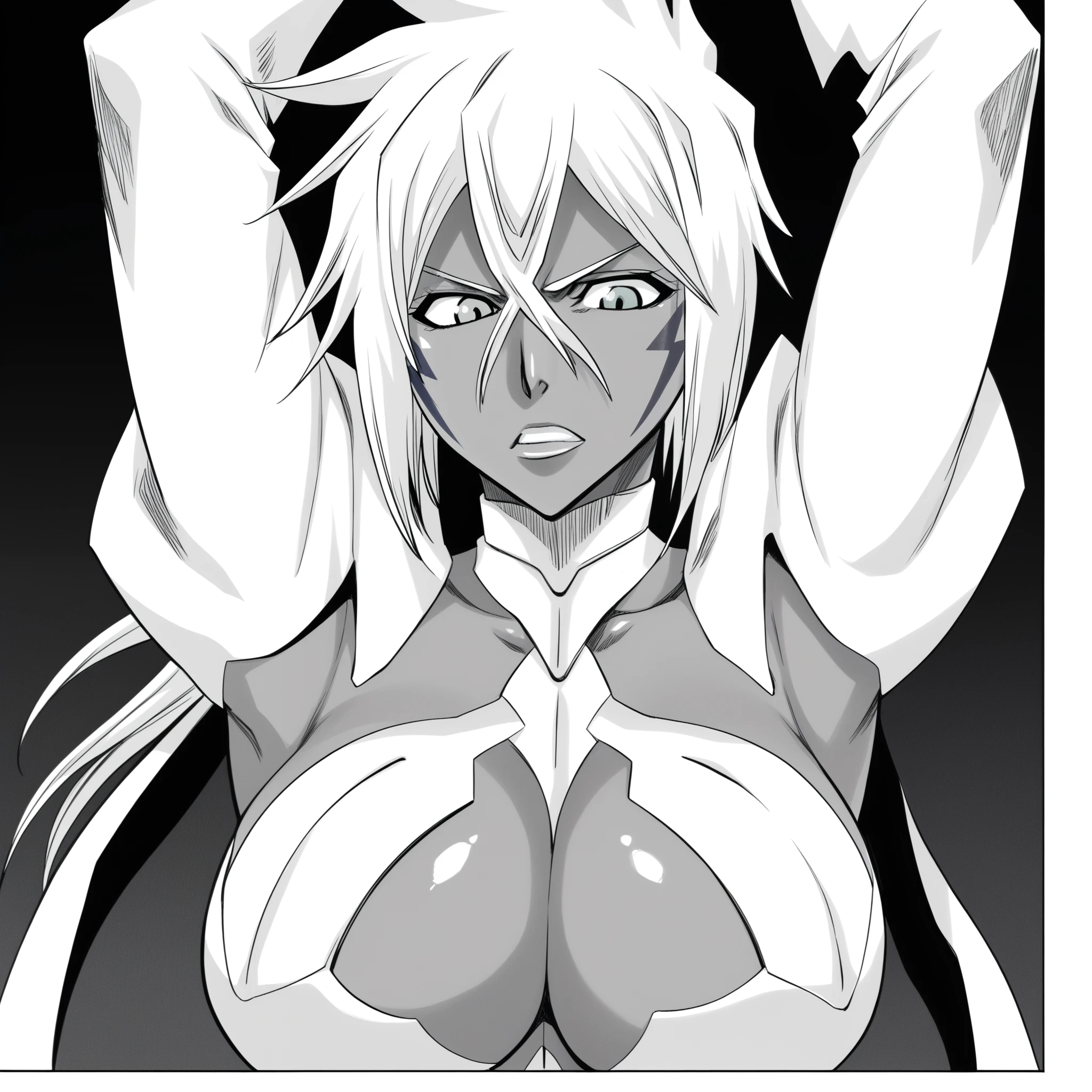 score_9,score_8_up,score_7_up,source_anime,zPDXL,(nsfw_manga_style:1.2),(monochrome:1.2),line,comic,high res image,simple composition,3koma,, source_manga, score_9, score_8_up, score_7_up, source_manga, colored, Tite Kubo manga style, Tite Kubo art style,Tia Harribel, dark skin, large breasts, arms up, black background, angry, looking at viewer, upper body, cleavage,