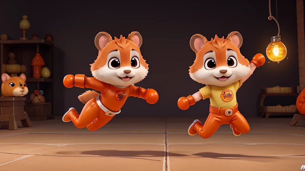 A cute hamster wearing orange leather pants and boxing gloves, jumping in the air to punch someone, dramatic lighting, detailed character design in the style of Artgerm, colorful cartoon illustration, dynamic pose, full body shot, bright backgroun
little Prince,Rose,fox,Planet,universe,Colored clay style