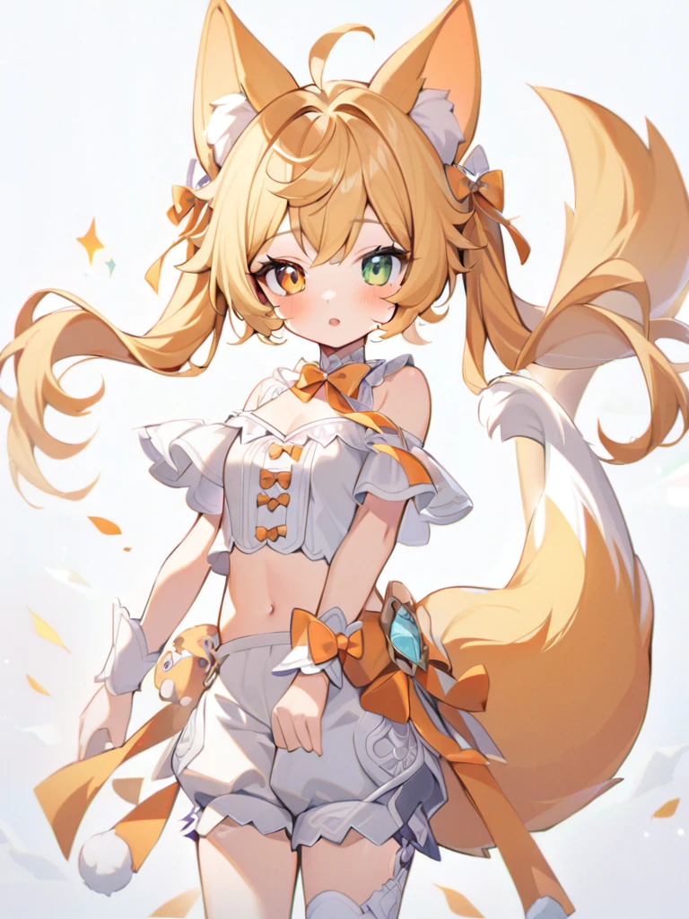 1girl, animal ears, bangs, bare shoulders, blonde hair, blush, bow, breasts, white cleavage, cropped torso, , green eyes, hair ribbon, heterochromia,  stlooking at viewer, open mouth, orange bow, orange eyes, orange ribbon, ears like an unearthly animal, fluffy tail, light tail, real tail, ribbon, solo, stuffed animal, stuffed bunny, stuffed toy, twintails, upper body, full-length, white legbands, white shoes with lace and white bows, white background, wrist cuffs, yellow eyes, bloomers, close-up, fair skin frills, lace, midriff, skirt, solo, , white background,shorts, white top with ribbon and lace and trousers,trousers, genshin,white slippers with a bow,All clothes are white, laceAt full height, it stands, в полный рост,One tail, fluffy 