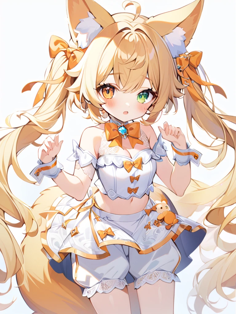 1girl, animal ears, bangs, bare shoulders, blonde hair, blush, bow, breasts, white cleavage, cropped torso, , green eyes, hair ribbon, heterochromia,  stlooking at viewer, open mouth, orange bow, orange eyes, orange ribbon, ears like an unearthly animal, fluffy tail, light tail, real tail, ribbon, solo, stuffed animal, stuffed bunny, stuffed toy, twintails, upper body, full-length, white legbands, white shoes with lace and white bows, white background, wrist cuffs, yellow eyes, bloomers, close-up, fair skin frills, lace, midriff, skirt, solo, , white background,shorts, white top with ribbon and lace and trousers,trousers, genshin,white slippers with a bow,All clothes are white, laceAt full height, it stands, в полный рост,One tail, fluffy 
