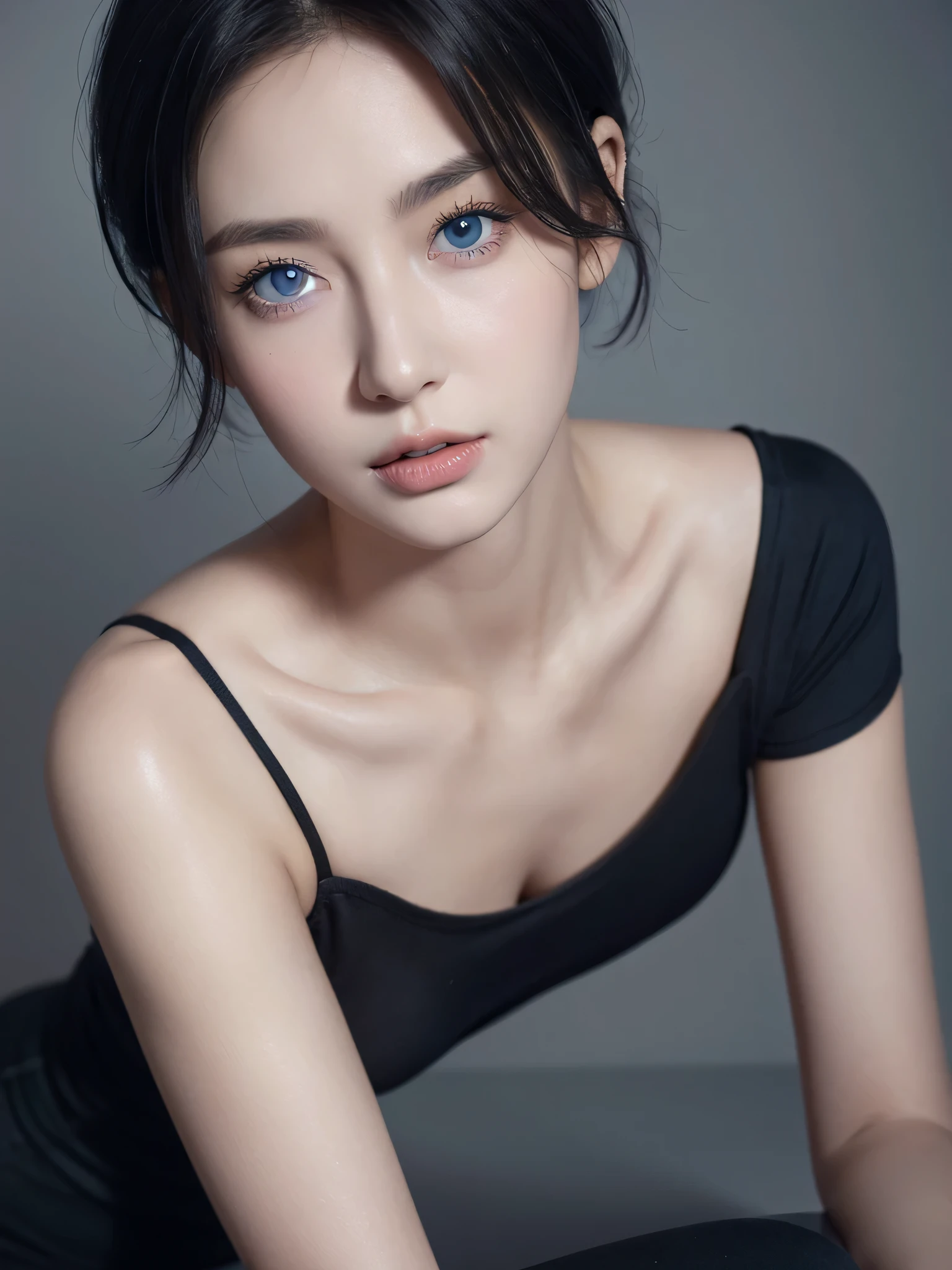 Skin Tight Black Top:1.2、look at viewer、cinematic lighting、perfect、soft light、high resolution skin:1.2、realistic skin texture、realistic face、off shoulder、exposed cleavage、blue eyes、short hair、Gray background