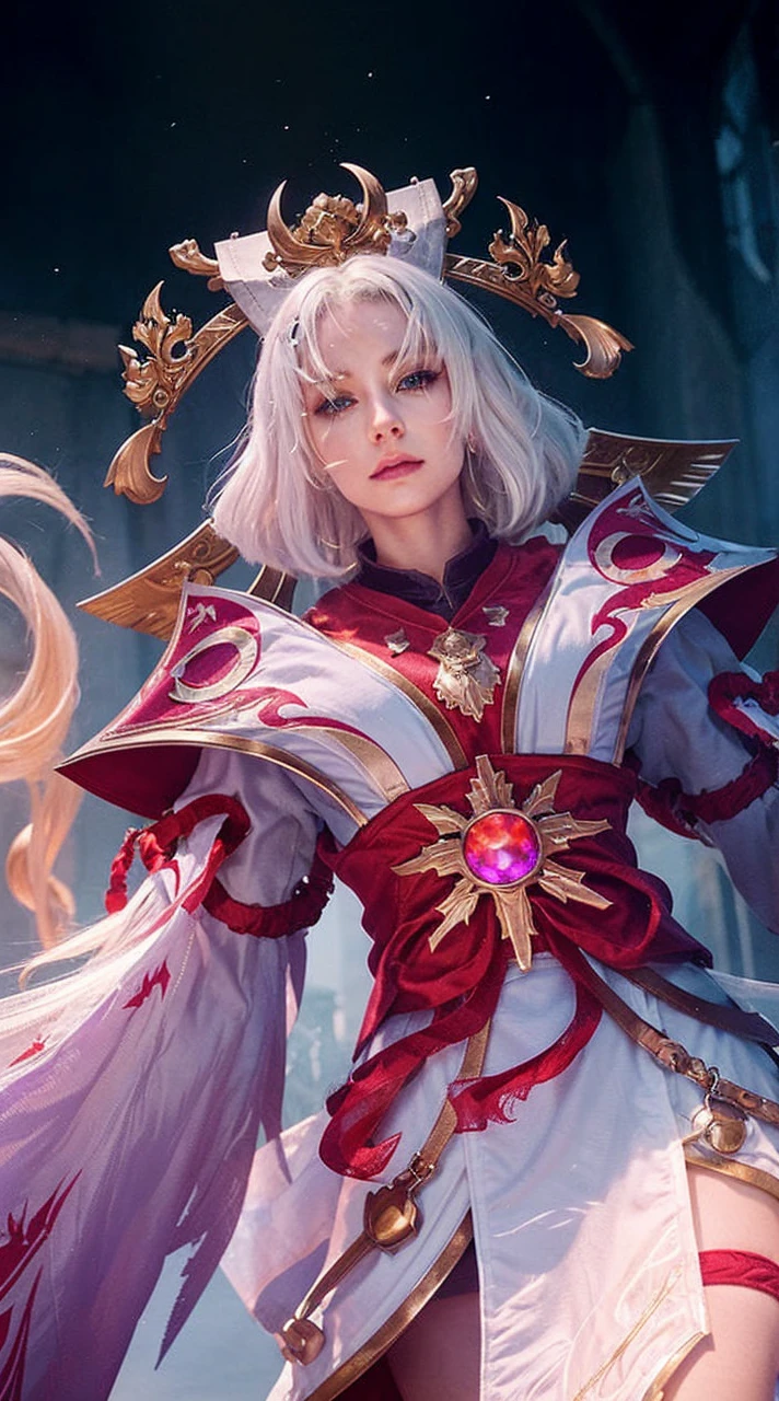  The image is a digital artwork featuring a female character with white hair and a fantasy design, wearing a suit of armor and holding a sword.