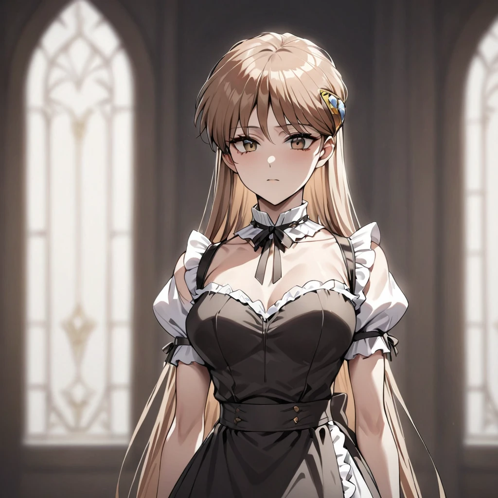 ((Highest quality)), ((masterpiece)), (detailed), （Perfect Face）、The woman is Princess Leona, with medium-long light brown hair, wearing a Victorian maid outfit and standing upright with good posture.、The woman is brainwashed, expressionless, and has no highlights in her eyes.