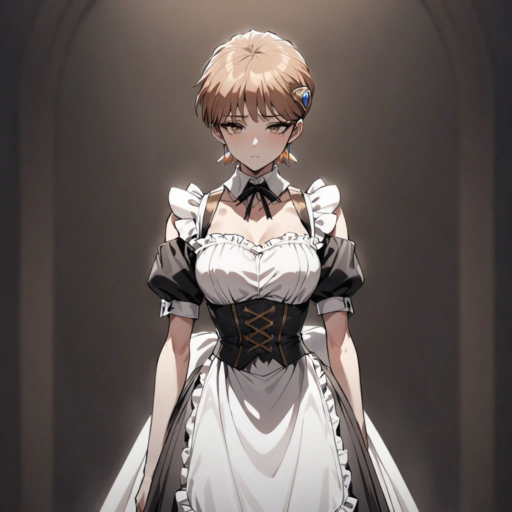 ((Highest quality)), ((masterpiece)), (detailed), （Perfect Face）、The woman is Princess Leona, with medium-long light brown hair, wearing a Victorian maid outfit and standing upright with good posture.、The woman is brainwashed, expressionless, and has no highlights in her eyes.